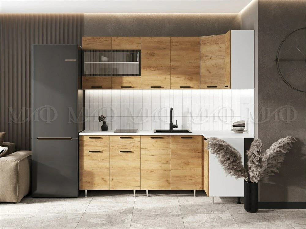 МИФ Кухня Рио NEW угловая 2.2х1.0м дуб крафт белый Столешница Кастилло темный дуб крафт белый
